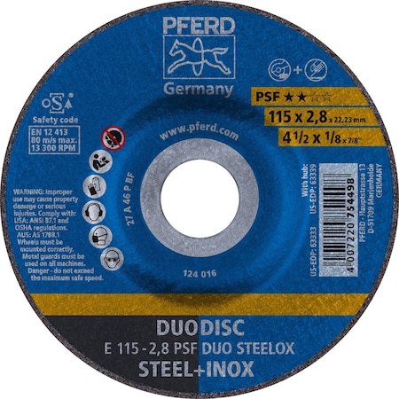 Pferd 63333 4-1/2in x 1/8in DUODISC Wheel 7/8in AH A 46 P PSF-INOX Type 27 63333-PFERD